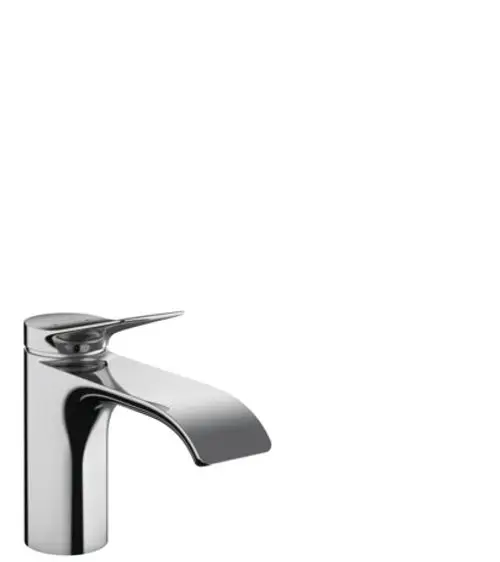 Chromfarbener Einhebel-Waschtischmischer von Hansgrohe mit flacher Auslauföffnung und Zugstangen-Ablaufgarnitur, auf einem weißen Hintergrund präsentiert.